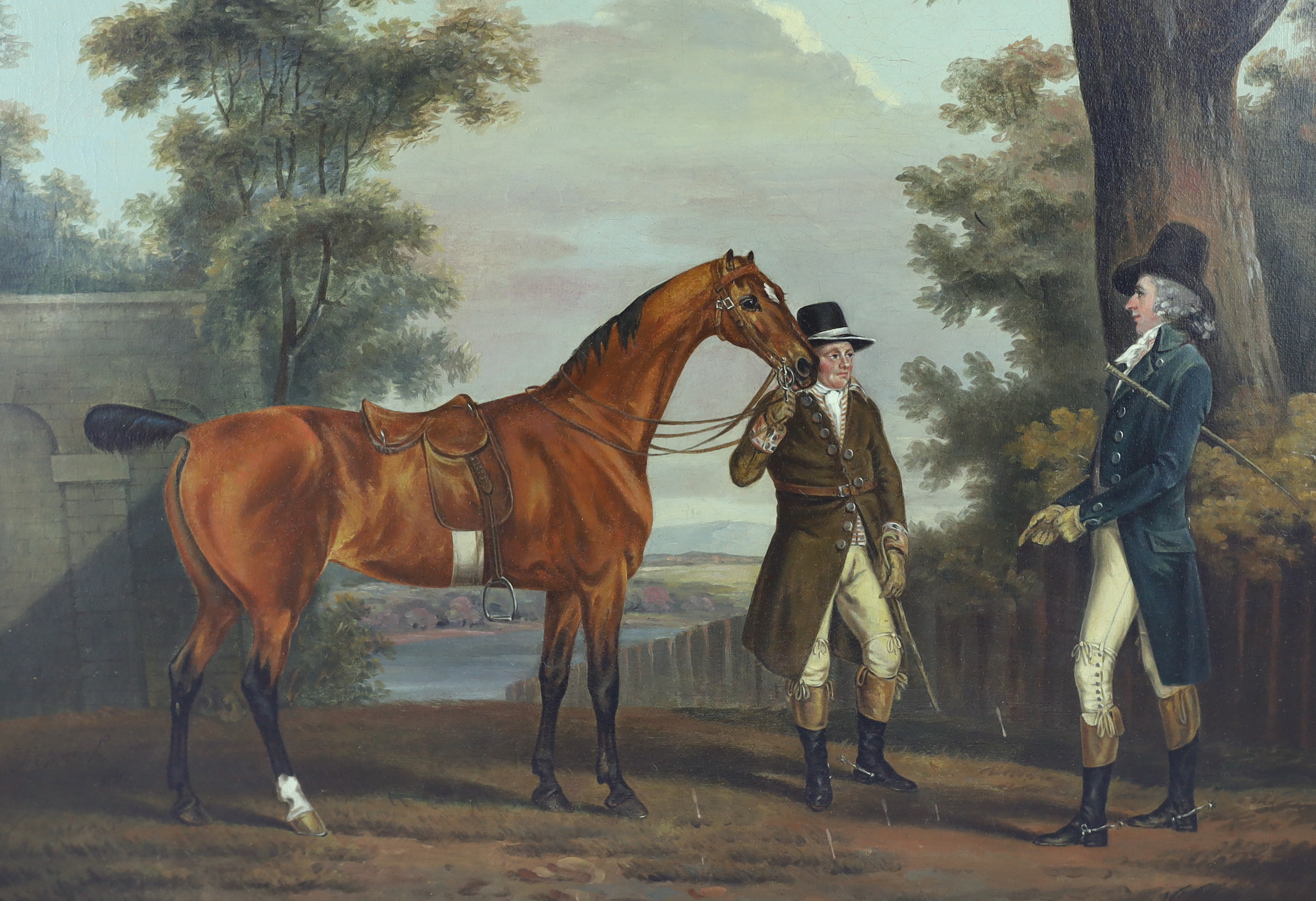 Manner of Thomas Stringer (English, 1722-1790), A gentleman, groom and chestnut horse in a landscape, oil on canvas, 49 x 60cm